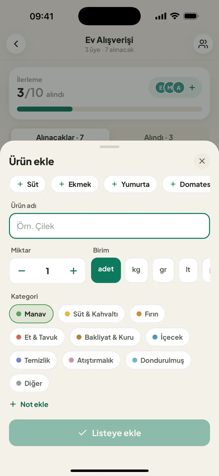 Ürün ekleme ekranı: öneriler, miktar, birim ve kategori