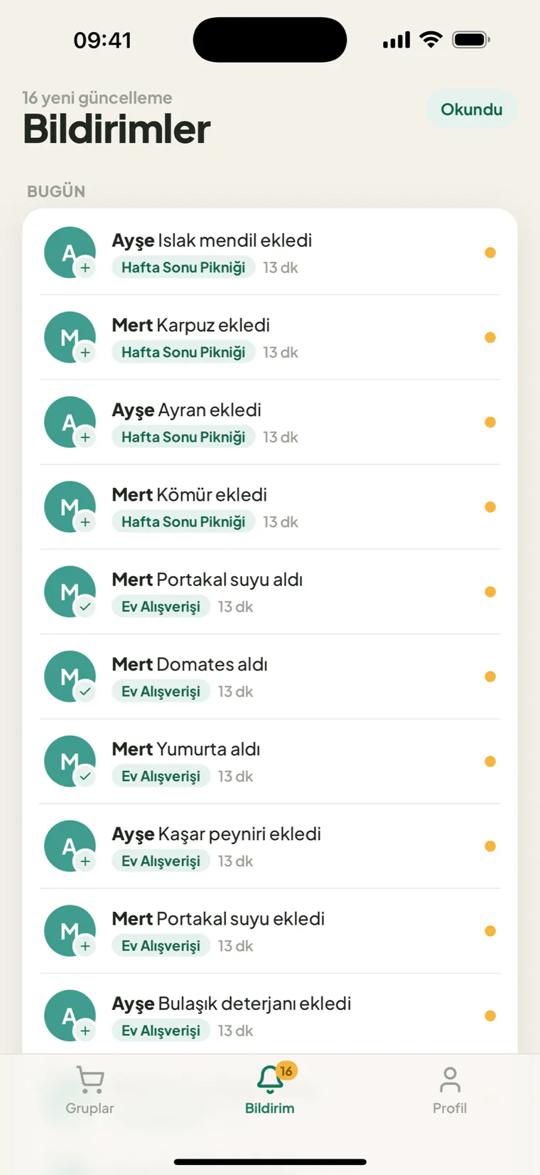 Bildirim akışı: kim ne ekledi, kim ne aldı
