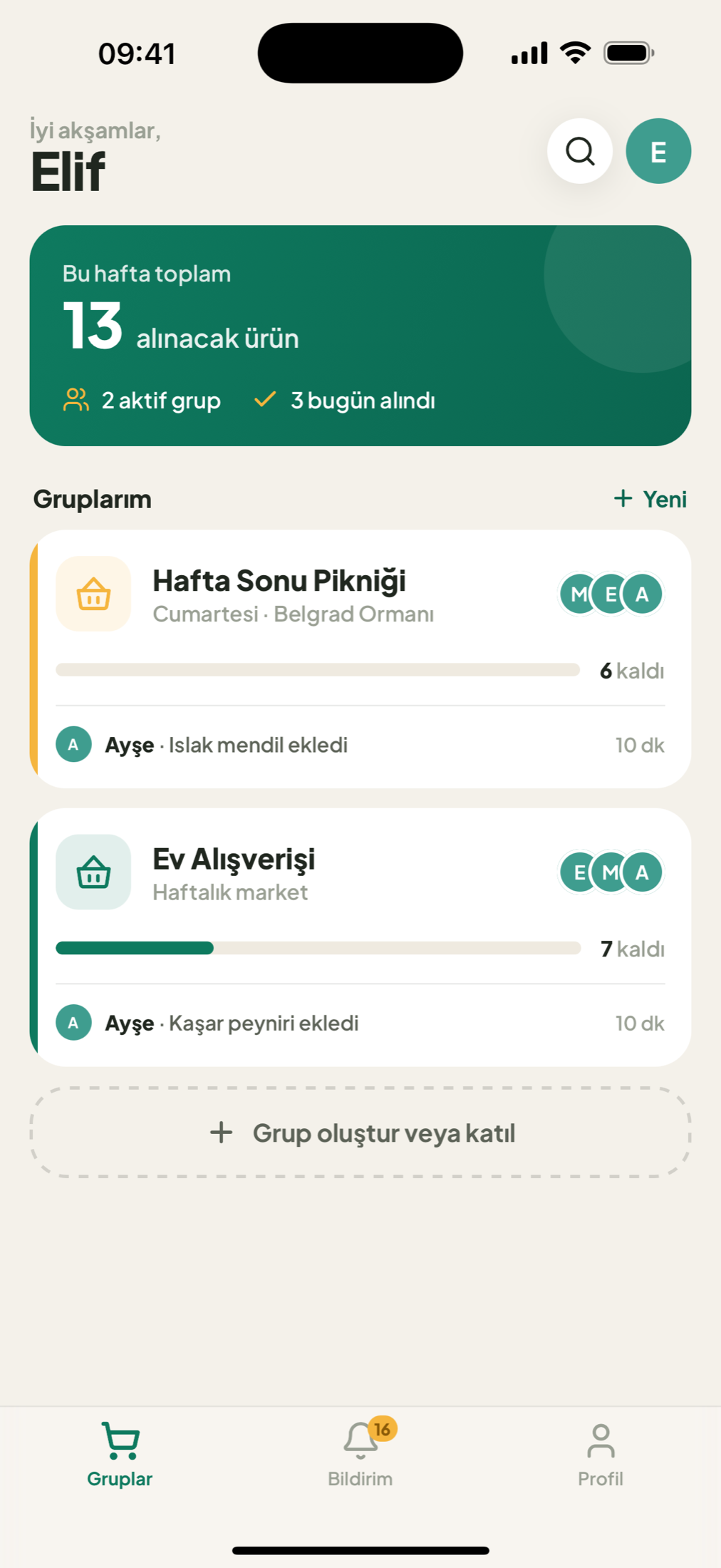Sepet ana ekranı — gruplar ve haftalık özet